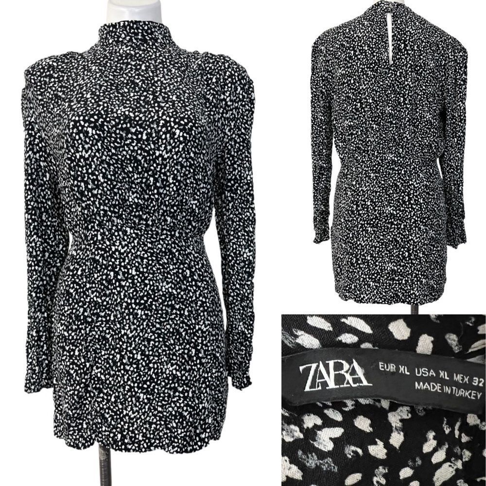 Zara XL black white print high neck mini dress
